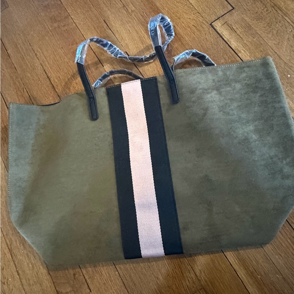NWT Suede Olive Green Tote Bag with Pink and Black Stripe